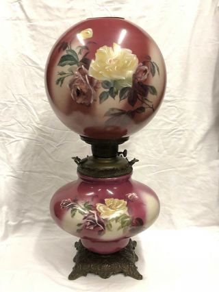 Large C.  1880’s Milk Glass Hand Painted Floral Gwtw Parlor Banquet Oil Lamp