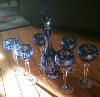 Imperlux Hand Cut Cobalt Blue Crystal 6 Wine Glasses And Decanter Set