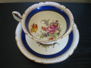 Shelley Cobalt Blue Band Multi Colored Floral Bottom Tea Cup And Saucer