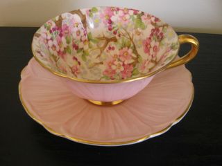 Shelley Pink Apple Blossom Chintz Wide Mouth Tea Cup And Saucer