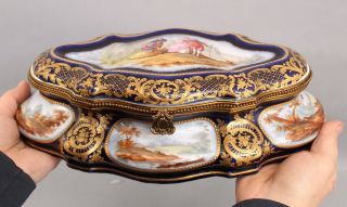 Antique 18thc Sevres French Porcelain Watteau Miniature Paintings Dresser Box