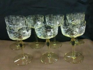 (7) Rare Antique Yellow Paneled Etched Florals Crystal Champagne Coupe Stemware