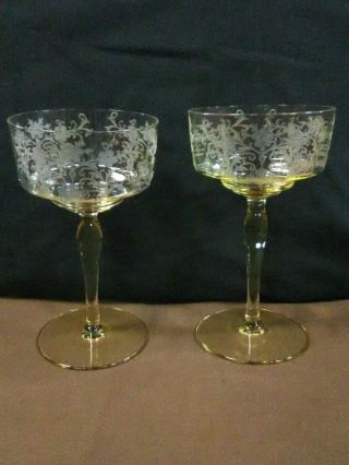 (7) RARE Antique Yellow Paneled Etched Florals Crystal Champagne Coupe Stemware 2