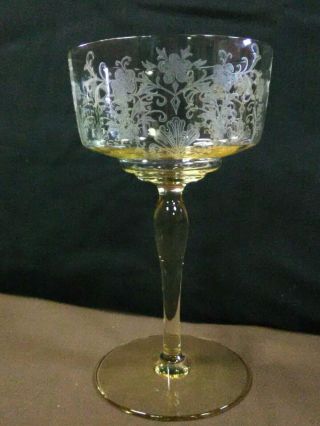 (7) RARE Antique Yellow Paneled Etched Florals Crystal Champagne Coupe Stemware 3