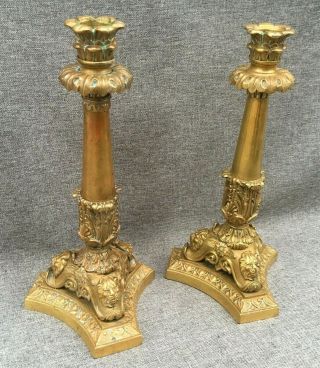 Antique French Candlesticks Bronze 19th Century Empire Style Lions