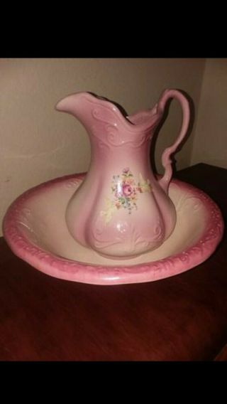 Vintage Ironstone Pitcher & Wash Basin Set,  Pink Floral Design,  Gift