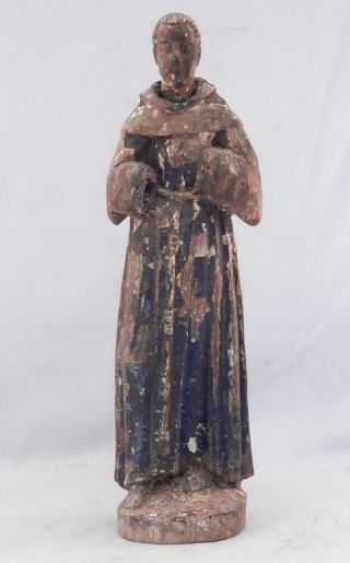 Antique Hand Carved Wood Santos Figure Of Saint Francis Winking Friar Christian