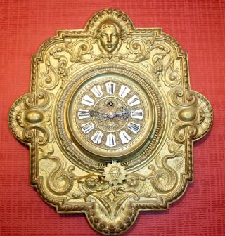 Antique Brass Wall Clock,  Very Rare Brass French Wall Clock,  Circa 1890