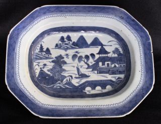 Antique Chinese Export Canton Blue& White 13 1/2 " X 10 3/4 " Platter 19th Century