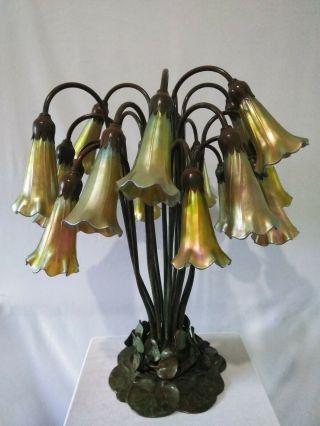 Buffalo Studios 18 Light Lily Tiffany Style Lamp Gold Aurene Favrile Shades 2