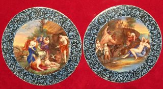 Rare Antique Mythological Plaques Discs Hand Painted Enamel On Metal.