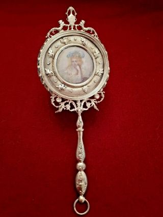 Vintage Bronze Hand Mirror & Painted Miniature Portrait Of Duchesse Signed.