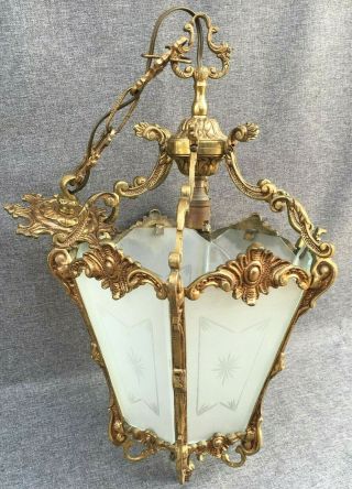 Big antique french ceiling lamp lantern early 1900 ' s bronze glass Louis XV style 2