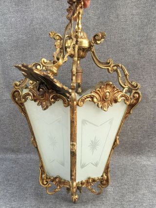 Big antique french ceiling lamp lantern early 1900 ' s bronze glass Louis XV style 3