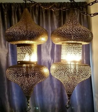 Ant Vtg Signed Moroccan Turkish Indian Hanging Lamp Lantern Pierced Metal Brass