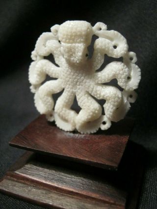 Unusual Hand Carved Buffalo Bone Scrimshaw Statue Of Octopus On Wood Base