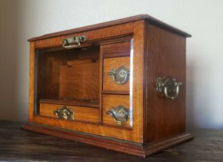 19th C.  Antique English Tiger Oak Travel Stationary Writing Desk Box Cabinet