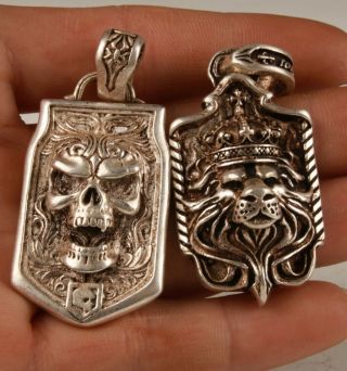 2 Chinese Tibetan Silver Hand Carving Skull Lion King Pendant Cool Collec Old