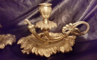 Antique GOTHIC BRASS ORNATE GOLD CHAMBERSTICK/CANDLESTICK Holder with Handle 2