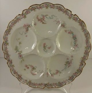 Antique Oyster Plate Limoges H&c France Haviland &co Pink Roses & Blue Ribbon 9 "