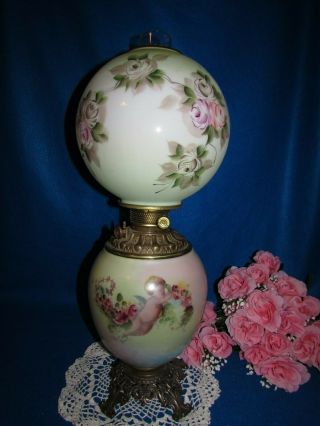 Antique Cherub Victorian Banquet Parlor Electrified Oil Lamp Ball Globe Shade