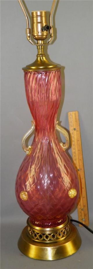 Antique Murano Art Glass Cranberry Gold Dust Table Banquet Lamp 21 1/5  High