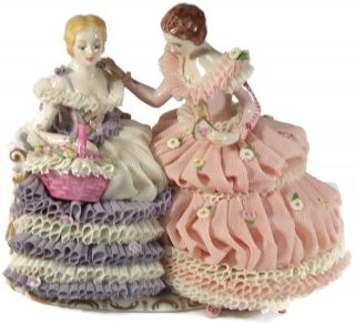 Muller Irish Dresden Lace Lady W/ Basket & Lady W/ Fan Loving Sisters Figurine