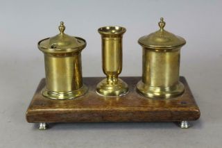 Great 18th C Brass Standish Or Ink Stand Two Pots And Candle Cup Wooden Base