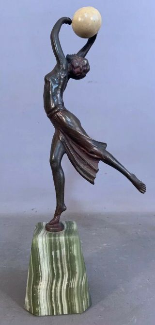 Antique Art Deco Era Bronzed Semi Nude Dancing Lady Statue Old Agate Sculpture