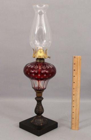 Antique 19thc Hand Blown Ruby Cut Stars To Clear Glass Bronze & Slate Oil Lamp