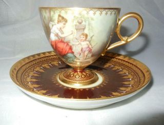 Outstanding Antique Royal Vienna Hand Painted Cupid Putti Footed Cup & Saucer Ex