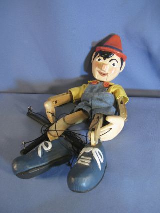 Vintage Happy Pinocchio Marionette 15 " Hand Carved Wood/painted -