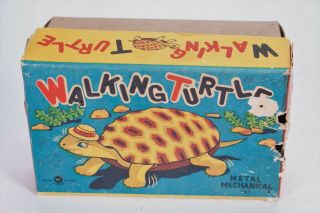 Vintage Ohta Wind Up Metal Mechanical Walking Turtle Tin Toy & Box