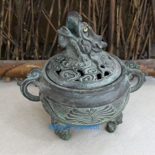 Antique Chinese Fengshui Bronze Dragon Incense Burner Statue Xuande Mark