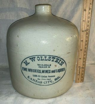 Antique M Wollstein Liquor Whiskey Stoneware Kansas City Mo Jug Illinois Macomb