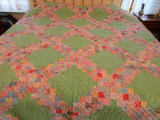 Vintage Hand Quilted Irish Chain Feed Sack? Jade Green/multi Quilt