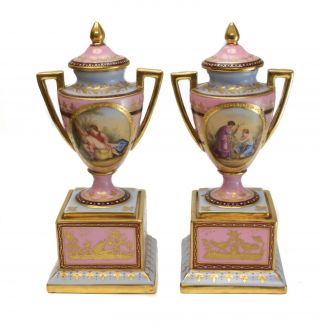 Pair Royal Vienna Hand Painted Porcelain Miniature Double Handled Urns,  C1910