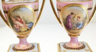 Pair Royal Vienna Hand Painted Porcelain Miniature Double Handled Urns,  c1910 2
