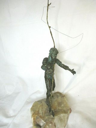 Jere Vtg Mid Century Modern Bronze Brass Metal Boy Fishing Table Sculpture Stone