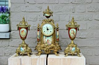 Stunning French Porcelain Victorian Scene Clock Set Candelabras Vases Fhs
