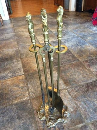 Vintage Brass Lions Fireplace Tool Set W/ Stand