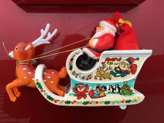 Vintage Christmas Musical Santa Sleigh & Reindeer Bump N Go Lights Up