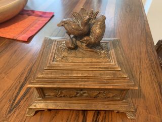 Antique Black Forest Jewelry Casket Box With Bird Quail Carving