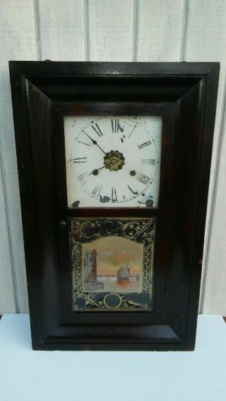 Antique Haven Weight Driven Clock Reverse Painted Nautical C.  1860s