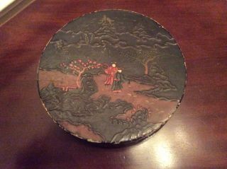 Asian Black Laquer Hand Painted Wood Box
