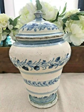 18th Century Stoneware Faience Blue & White Jar Crock With Lid