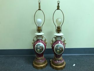Set Of Two Dark Pink Lamps With Victorian Depiction And Gold Detail Sevres Style