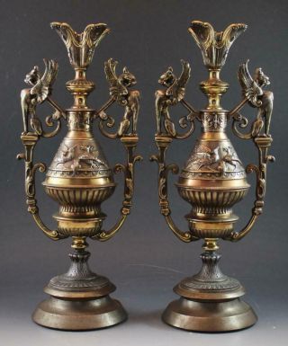 Pair C1890 French Neo Classical Bronze Urn Form Garnitures W/ Griffins & Birds