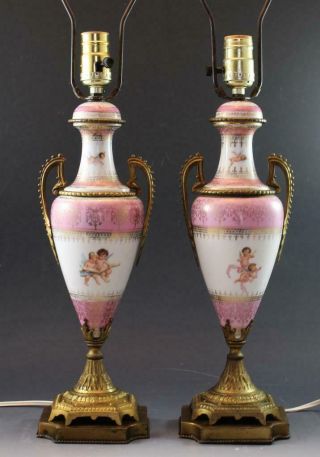 Pair C1910 French Sevres Style Porcelain Table Lamps Pompadour Pink & Cherubs