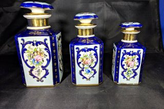 Antique French Porcelain Perfume Vanity Bottle Set Of 3,  Hand Painted And Signed